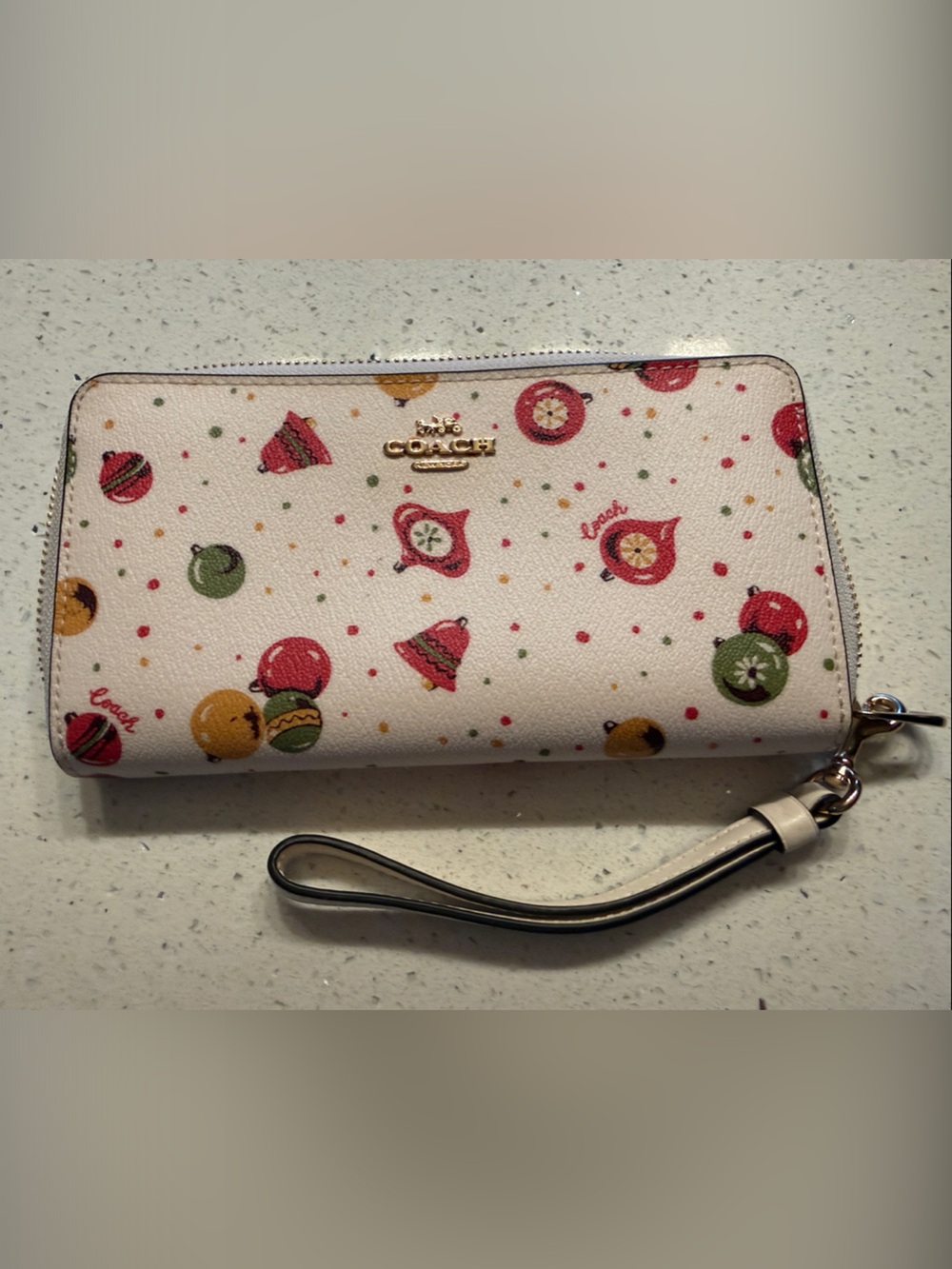 Coach White Zip-Around Wristlet Wallet with Red, Green & Gold Ornament Print